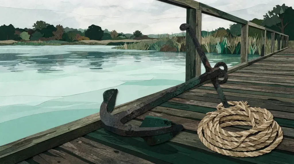 Metallanker an einem ruhigen Holzsteg mit Wasser und Seilen im Hintergrund