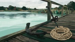 Metallanker an einem ruhigen Holzsteg mit Wasser und Seilen im Hintergrund