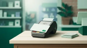 Bankkarte und kleines Kartenlesegerät auf einem Tisch