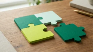 Farbige Puzzleteile neben einem Blatt mit Zahlen und einem Stift