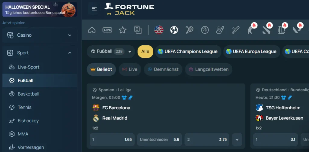 Fußballbereich von FortuneJack mit Wettbewerben und Wettmärkten