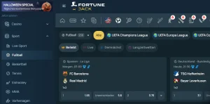Fußballbereich von FortuneJack mit Wettbewerben und Wettmärkten