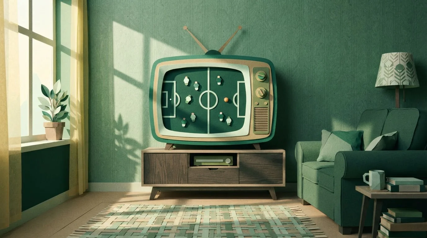 Fernseher mit grünem Fußballplatz vor Sofa und Wohnzimmerschrank