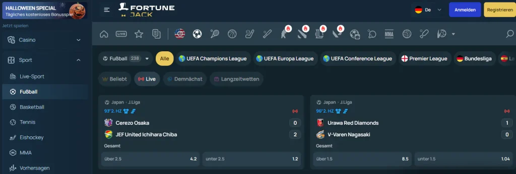 Live-Sportbereich von FortuneJack mit Spielständen und laufenden Wettmärkten