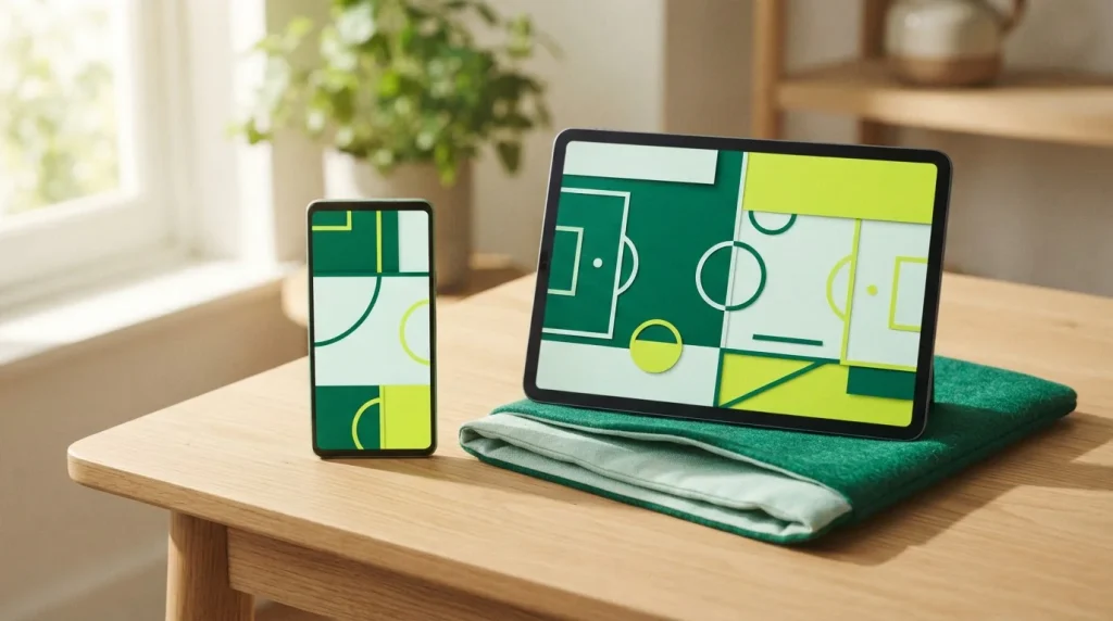 Smartphone und Tablet auf einem Tisch neben einem Notizbuch