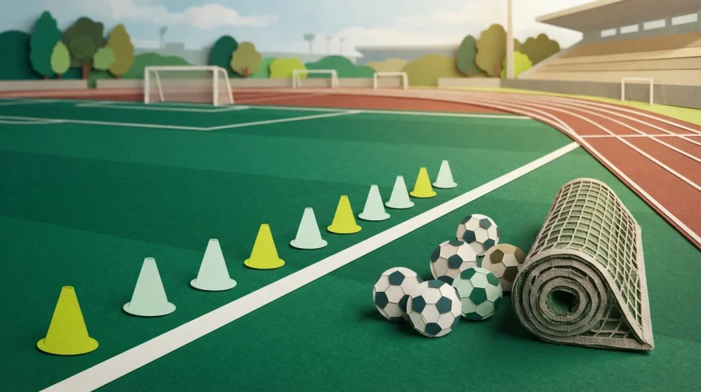 Trainingskegel, Netz und Sportbälle am Rand eines Spielfeldes