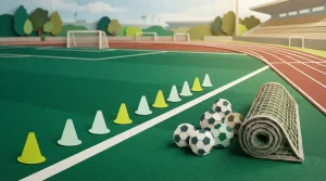 Trainingskegel, Netz und Sportbälle am Rand eines Spielfeldes