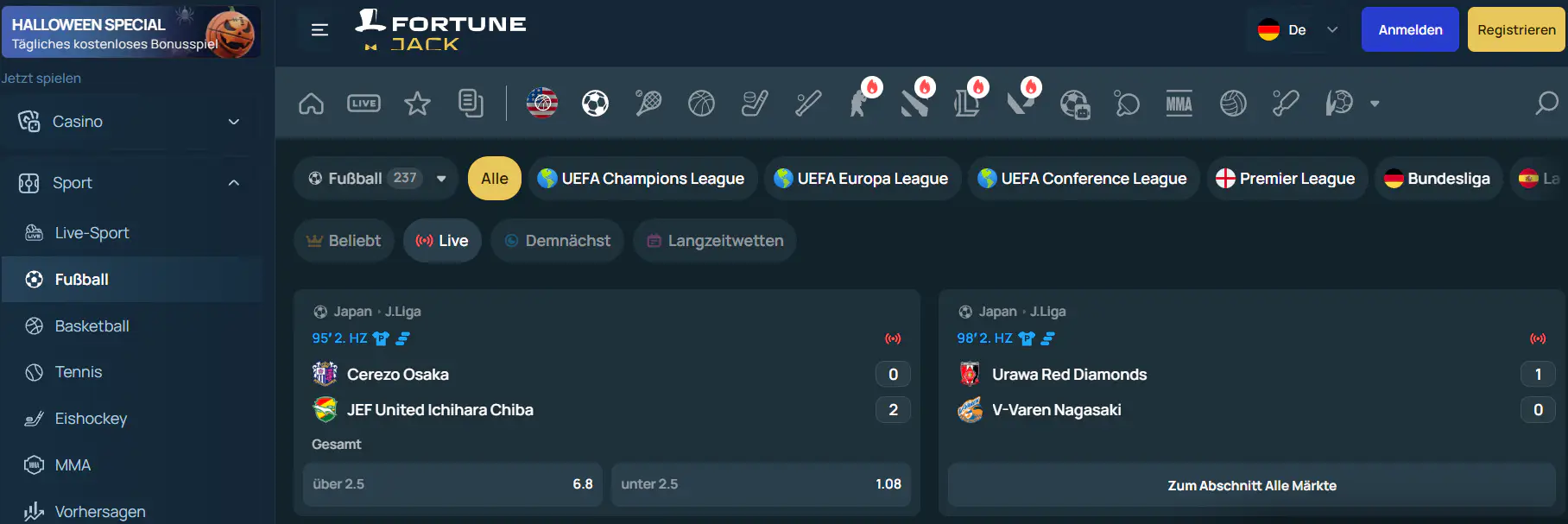 Fußballauswahl mit Wettmärkten und Quoten in der FortuneJack-Sportnavigation