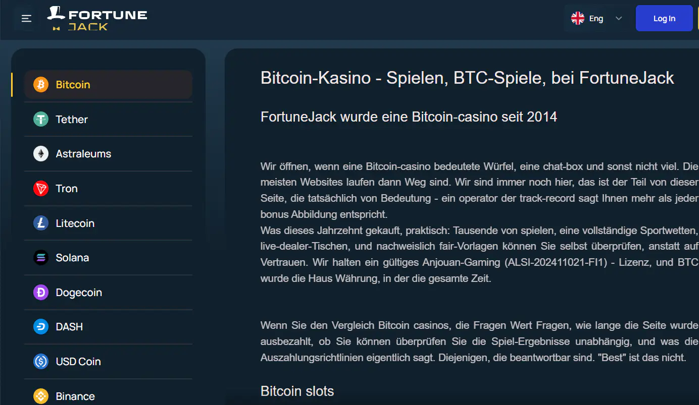 Zahlungsmethoden auf der Informationsseite des Anbieters FortuneJack